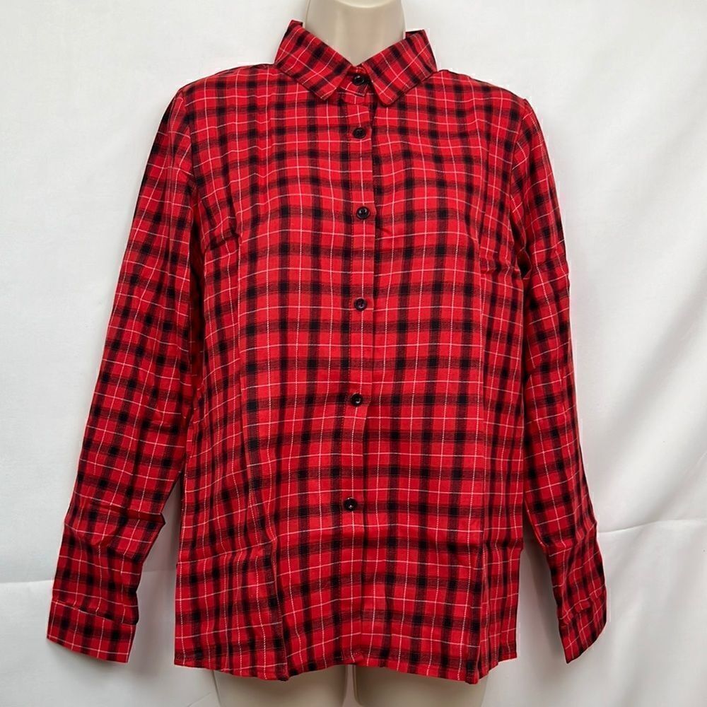 Meaneor red and black plaid button-down long sleeve collar shirt for women NWT